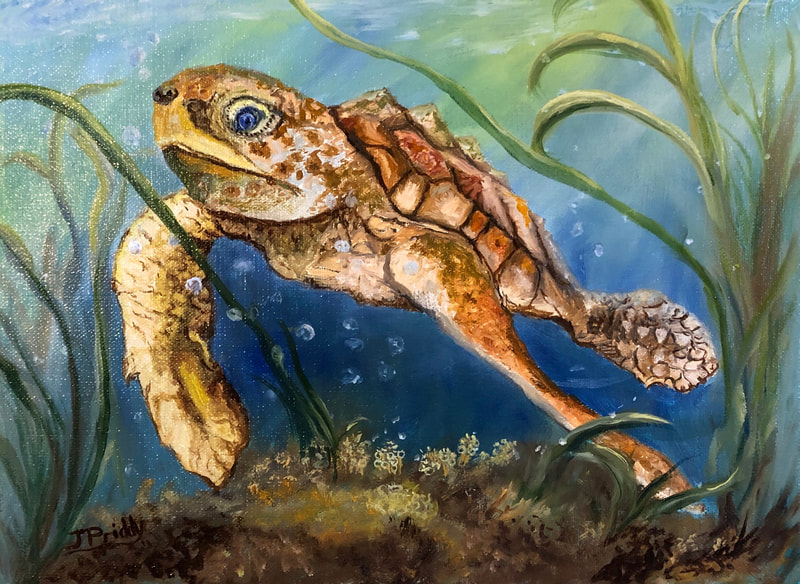 Sea Turtle Oil Painting by Jan Priddy